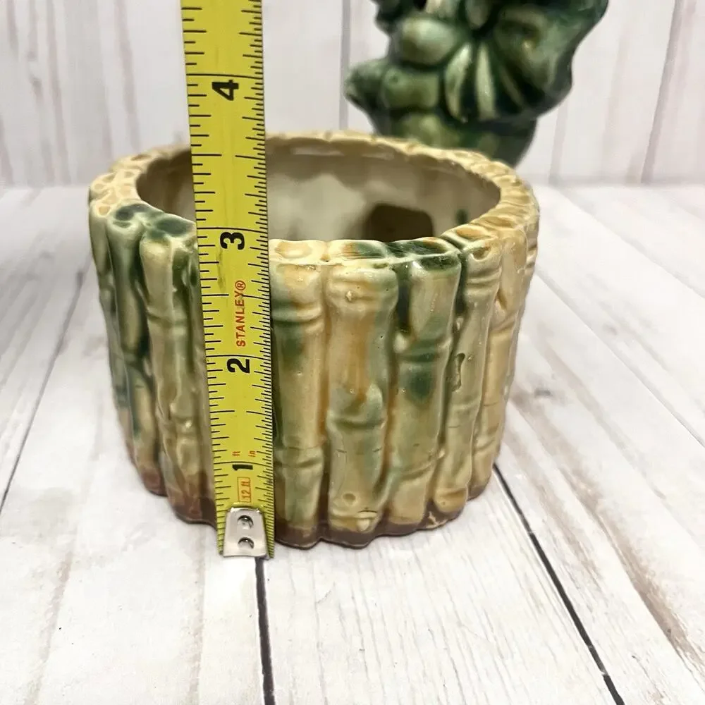 Vintage Ceramic Elephant Planter Green Glaze Bamboo Jungle MCM Kitsch 6”